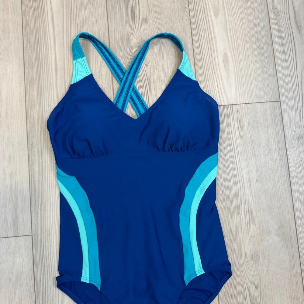 Lands End Blue Turquoise Colorblock One Piece Swimsuit Cross Back Size 10